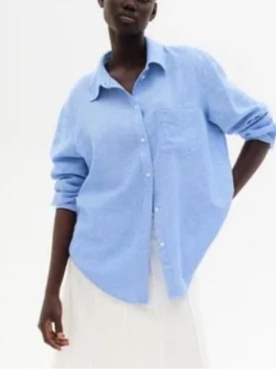 Zara Tops - ZARA Linen Button Down Shirt with Pocket in Blue